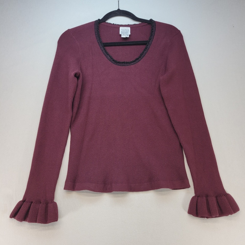 Mark & James Badgley Mischka Sweater Women Large Burgundy Ruffle Beaded Ribbed